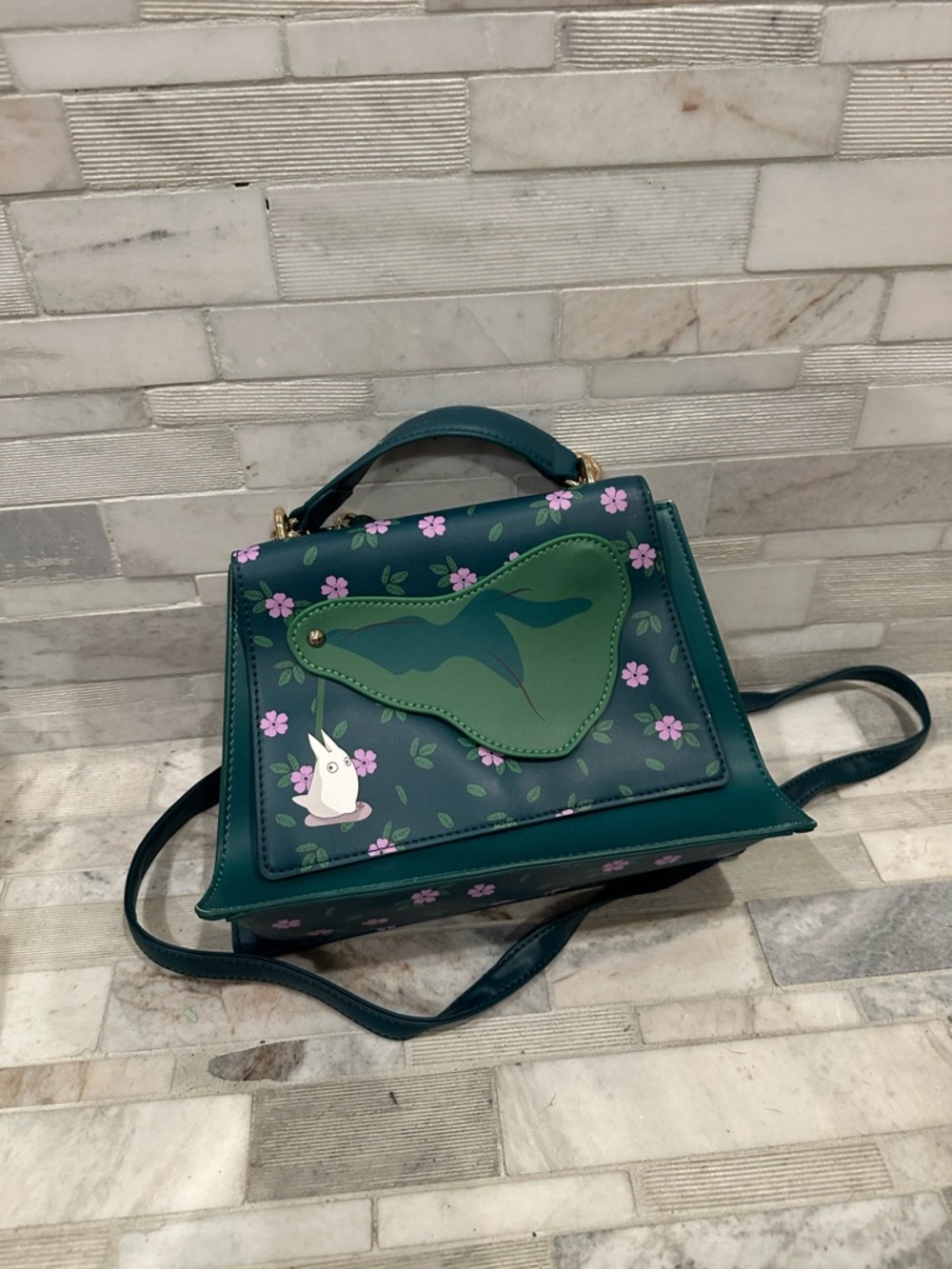 My Neighbor Totoro Green Floral Heart Accent Top-Handle Crossbody Bag